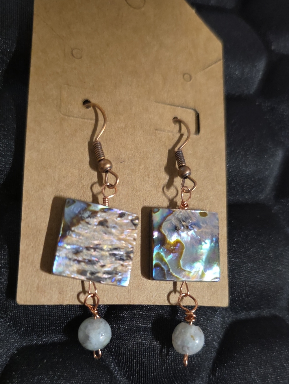 Abalone Shell Square Drop Earrings with Stone Bead - On Copper